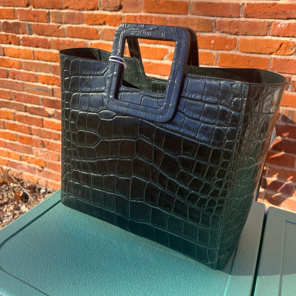 STAUD Croc-Embossed Teal Green Leather Tote with Adjustable Strap - Picture 6 of 12